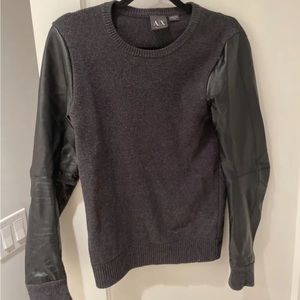 Armani exchange dark grey wool sweater with leather sleeves xsmall